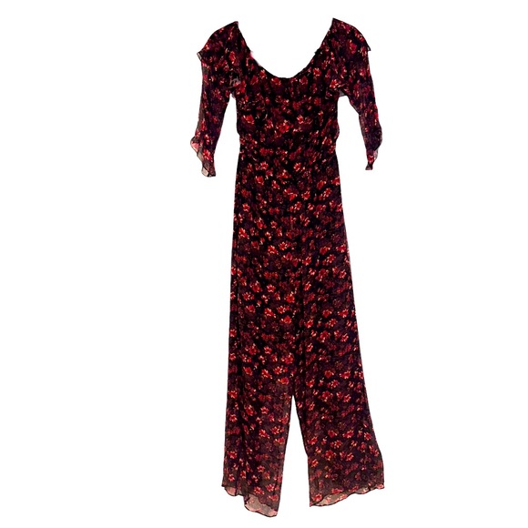 Rachel Zoe Silk Size 4 Black and Red Floral Print Jumpsuit Wide Leg Ruffled - Picture 1 of 14